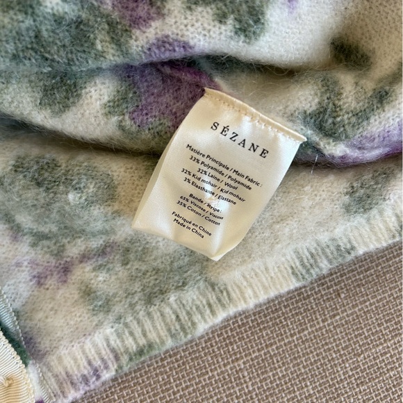 BEST Sezane Adriana Cardigan Violet Green Flowers French Knit Sweater Mohair - Picture 10 of 12